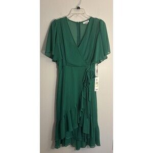 CALVIN KLEIN Kelly Green Ruffle Wrap Dress Women 4 Flutter Sleeve Midi Chiffon